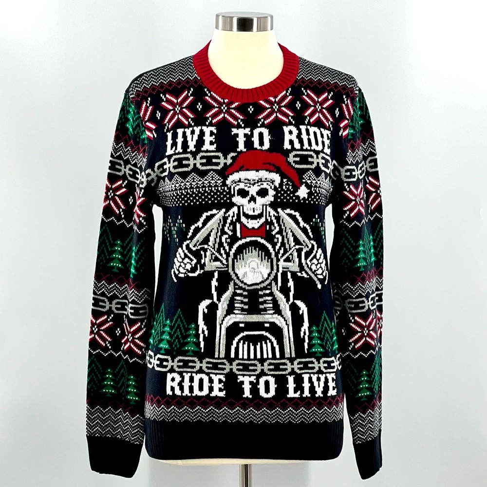NWT Ugly Christmas Sweater Live to Ride Skeleton